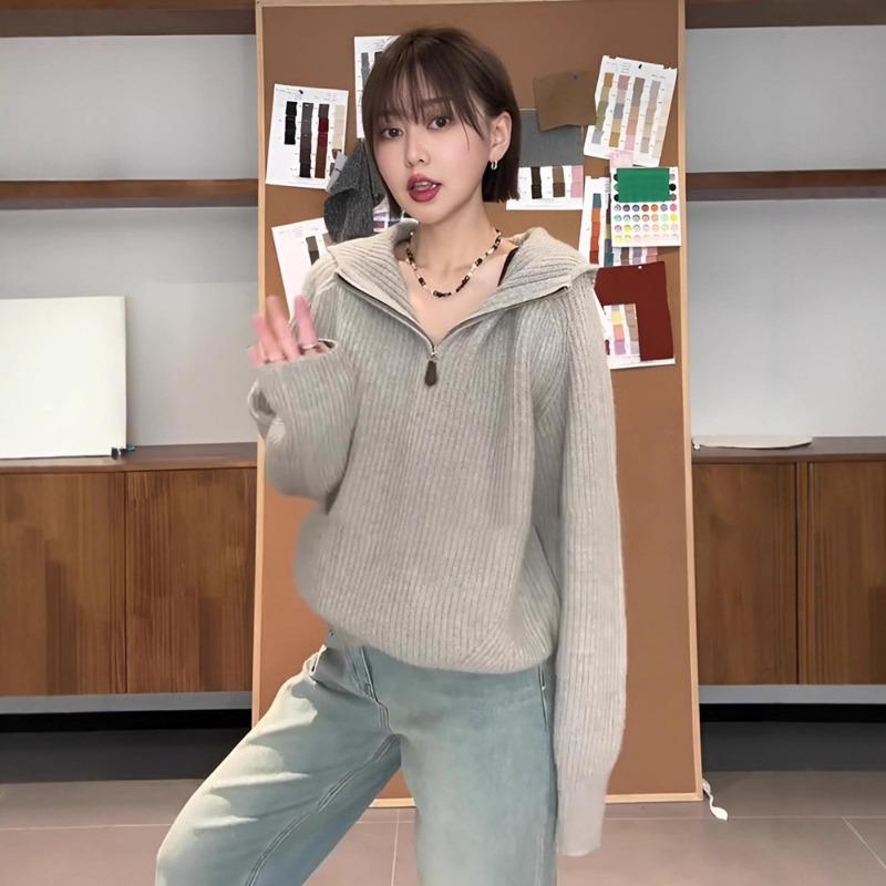 Hooded half-zipper sweater women's new winter lazy high-end retro knitted jacket long-sleeved top