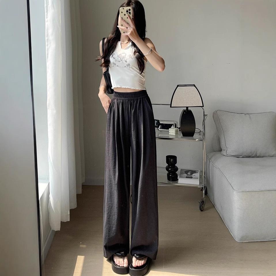 Women's High Rise Wide Leg Pants Straight Leg Trousers Ice Silk Textured Wrinkle Loose Petite Lazy Japanese Casual Thin Summer Long Pants