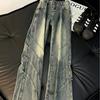 Unisex High Street Lightning Jeans Slim Flared Raw Hem Youth Streetwear