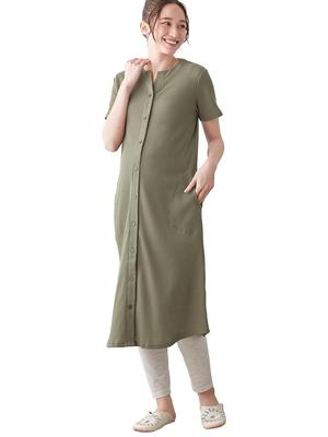 Maternity Nursing Open Waffle X Short Childbirth Hospitalization L Khaki [ANGELIEBE] Pajamas, Clothes, Front, Jersey, 2WAY, Sleeves, Prenatal,