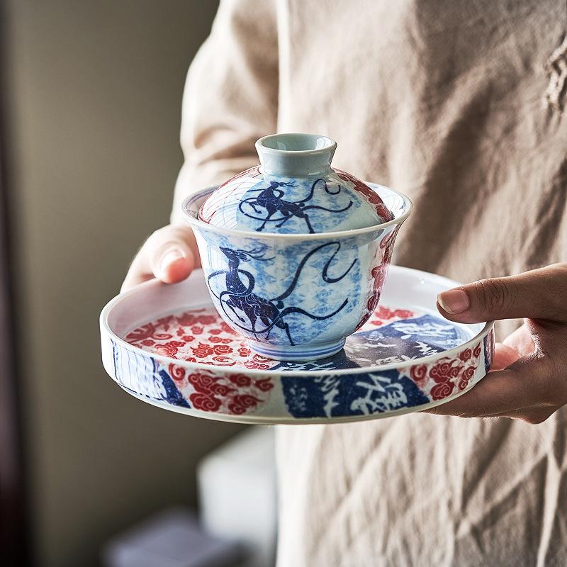 Retro blue and white three-talented cover bowl, single non-hot tea bowl, blue and white tea ware, kung fu tea set, household tea making bowl, tea cup.