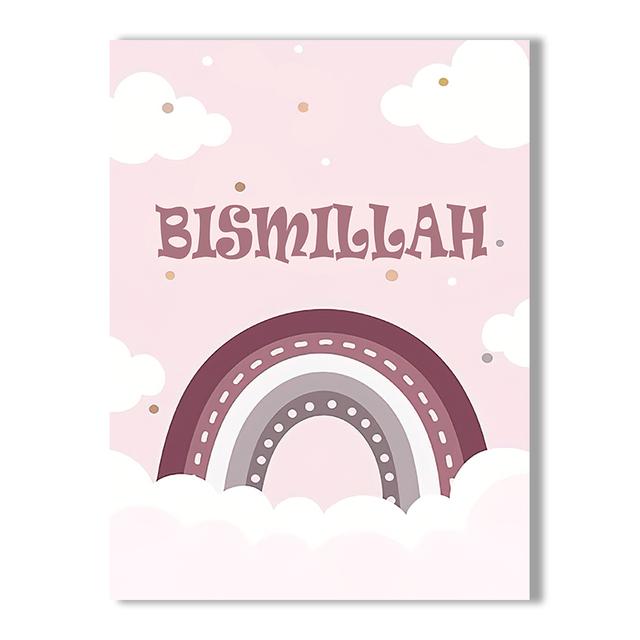 Islam Wandkunst Poster Wolken Regenbogen Mond Poster Kinderzimmer Kinder Leinwand Malerei Bismillah Wanddruck Bild Babyzimmer Dekor