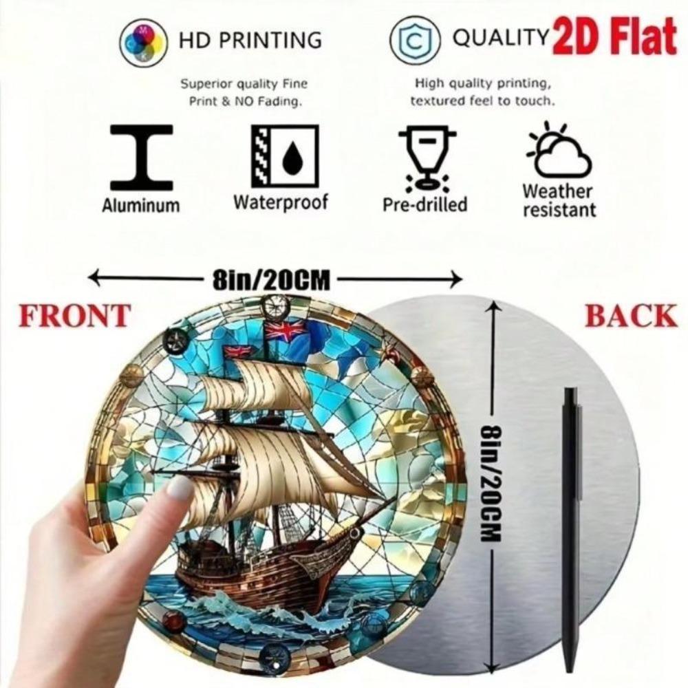 Vintage Pirate Ship Round Metal Wall Art, Stained Glass Effect Aluminum Tin Sign, Tropical Nautical Decor 8x8