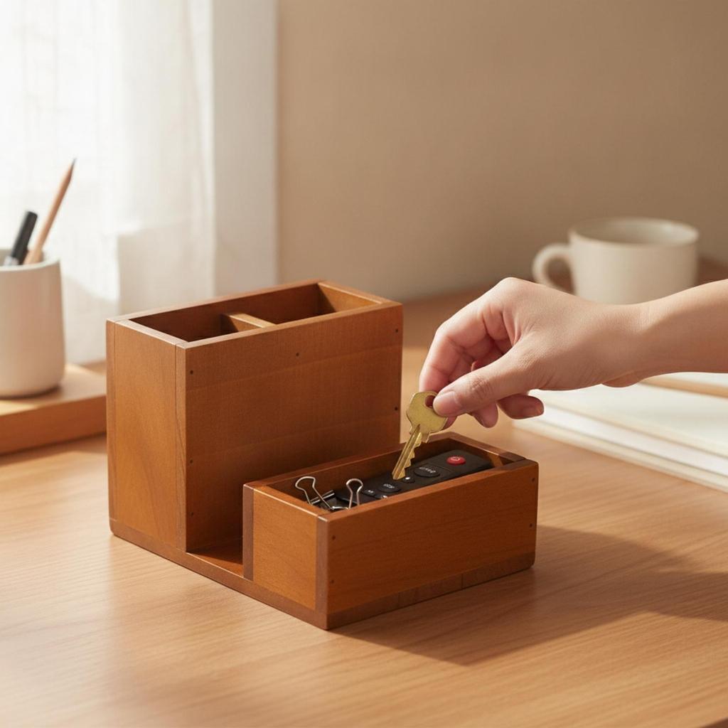 Wooden Desk Organizer with Tray Solid Wood Tabletop