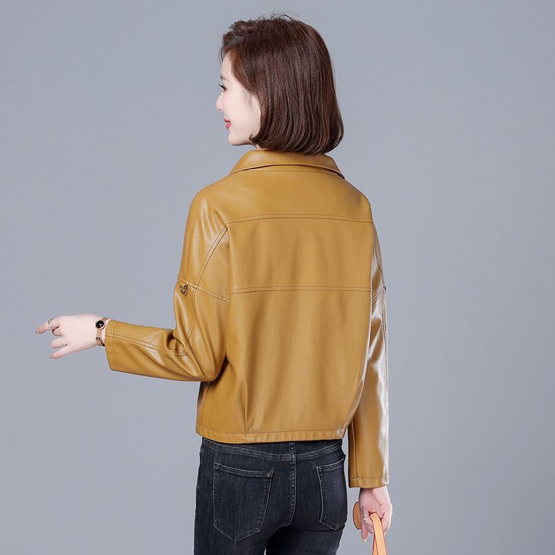 Women's  Autumn New Leather Leather Short Fashion Sheepskin Lapel Zipper Fashion Versatile Solid Color Leather Jackets