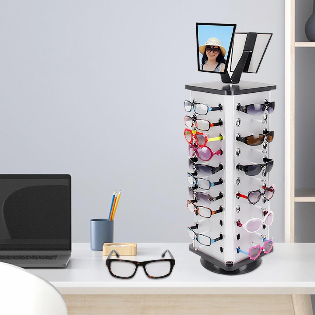 360° Rotating Eyeglasses Display Stand - 44-Pair Capacity,  Aluminum Composite & Wood Construction, Silver/Black - with Adjustable Mirrors