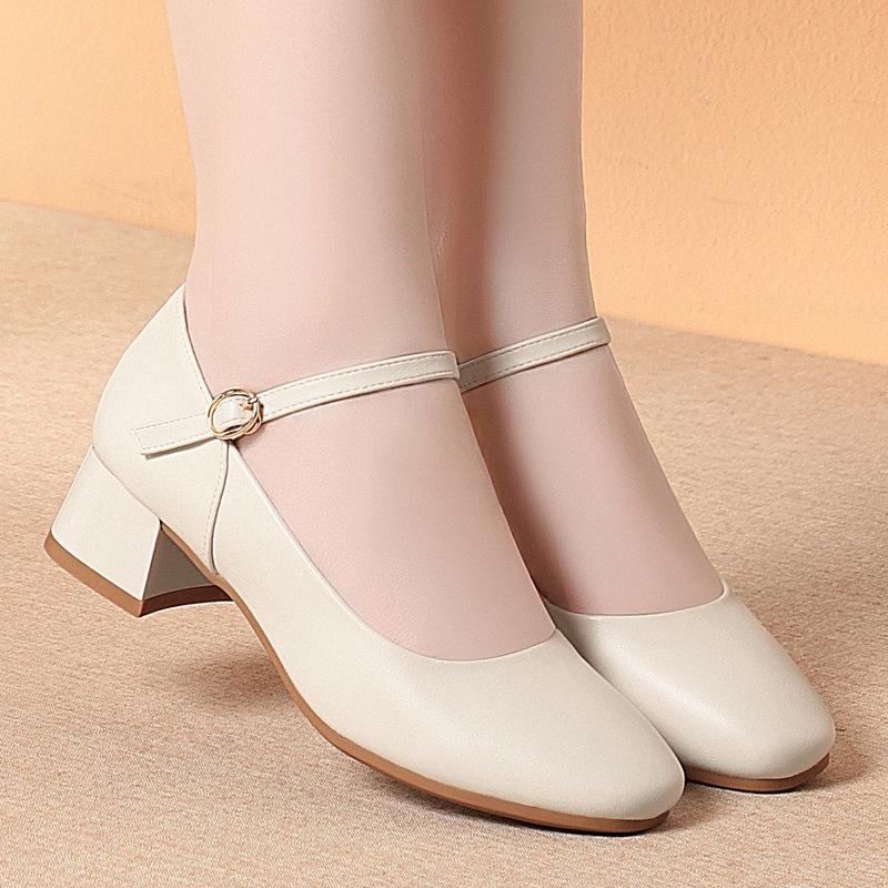 One-Line Button Work Shoes Black Workwear Upper Interview Commuter Single Shoes Thick Heel Women's Leather Shoes Comfortable