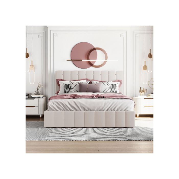 Gepolstertes Bett 140*200, Doppelbett, Stauraum mit hydraulisch hochklappbarem Bettgestell, höhenverstellbares gepolstertes Kopfteil