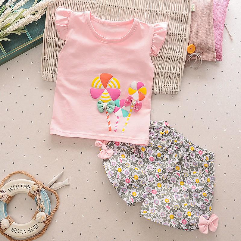 Baby Girl Clothes Set Cartoon Printing T-shirt Floral Bow Shorts Baby Clothes Set