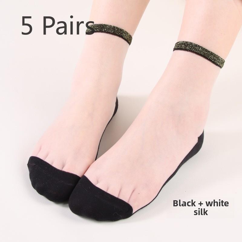 

5 Pairs Fashion Transparent Glass Pantyhose Color Silk Ribbed Crystal Silk Stockings for Women 5 Pairs чёрный/белый
