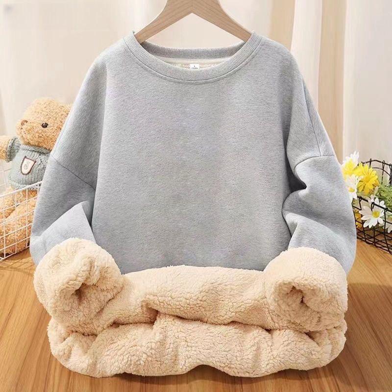 Lambswool Velvet-Lined Crew Neck Hooded Pullover for Women – Loose, Solid Color, Korean Style, Autumn/Winter