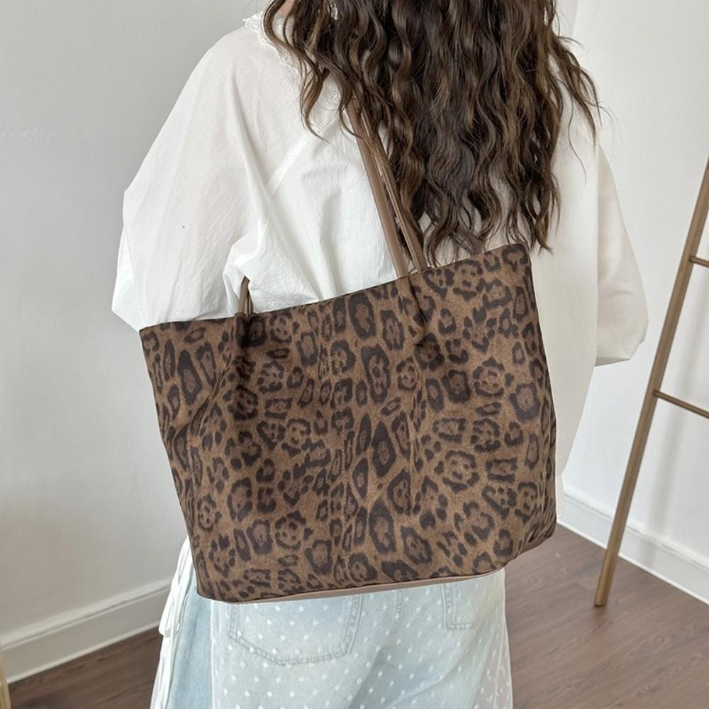 Retro Leopardenmuster Schultertasche Wildleder Große Kapazität Tragetasche Magnetischer Verschluss Verdicktes Design Damen Handtasche