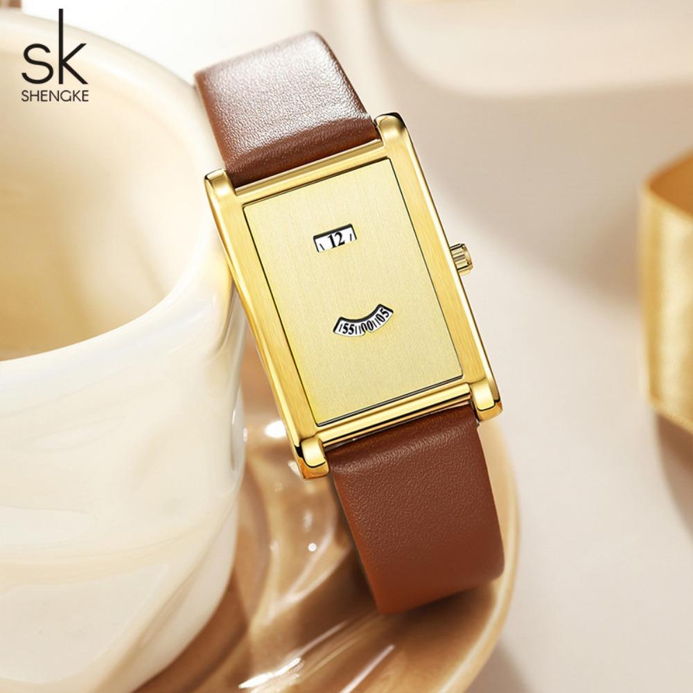 Women Rectangle Quartz Wristwatch Leather Strap Date & Minute Display Dress Daily Watch