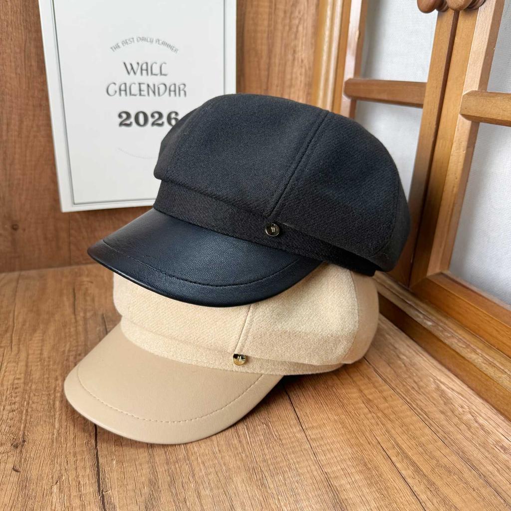 Retro British Style Metal Buckled Woolen Octagonal Hat Women's Spring and Autumn Temperament Literary and Fashionable Face Newsboy Hat