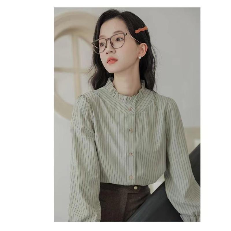 Loose Design Retro New French Ruffle Collar Long-sleeved Striped Shirt Top