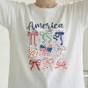 America Coquette Bow T-Shirt, 4Th Of July Patriotic Tee, Red White Blue Ribbon Top, Independence Day Casual American Flag Shirt
