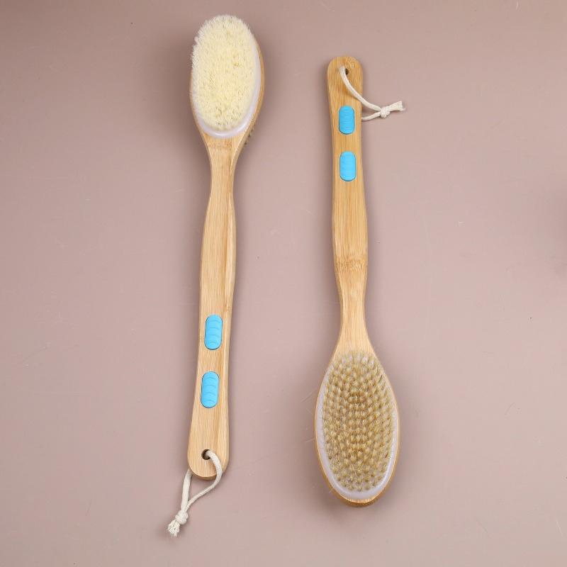 Bristle Shower Brush with Non-slip Long Wooden Handle Exfoliating Massage Scrubber for Back Foot Body Bathing