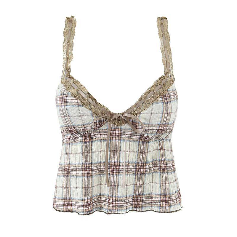 

Shibuya Ancient French Pure Desire Sexy Style Lace Edge Patchwork Plaid Sling Low Waist Bows Pleated Skirt Khaki sling L