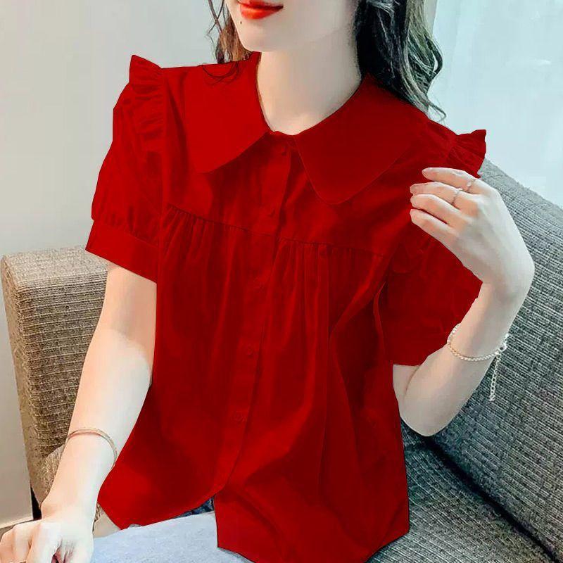 Women's Short Sleeved Chiffon Shirt Loose Doll Collar Shirt Top