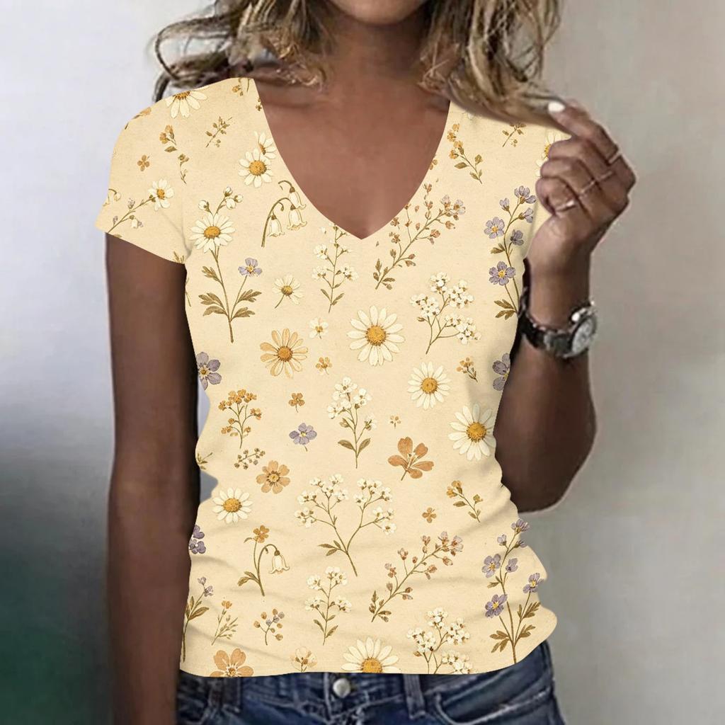Women Casual V Neck Short Sleeve Floral Print T Shirt Lightweight Soft Fabric Summer Top Comfortable Fit