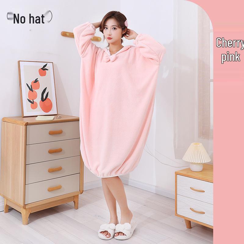 Women's Thickened Winter Hooded Bathrobe - Absorbent Coral Fleece Bath Towel with Long Sleeves and Bath Skirt