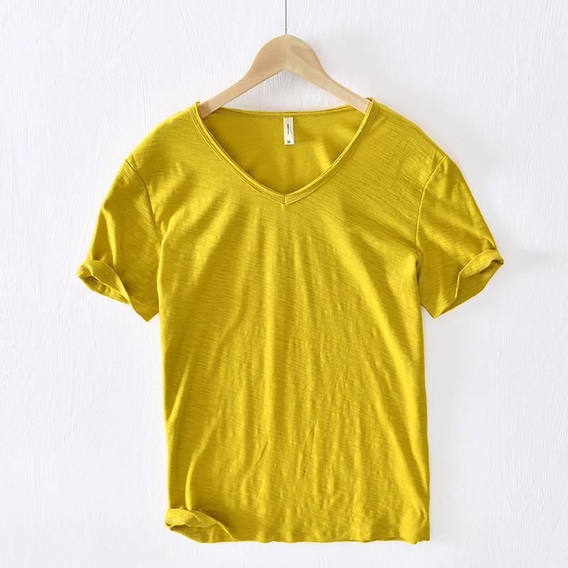 Men's Summer Solid Color Short Sleeved V-neck T-shirt Youth Casual Thin Pullover Top