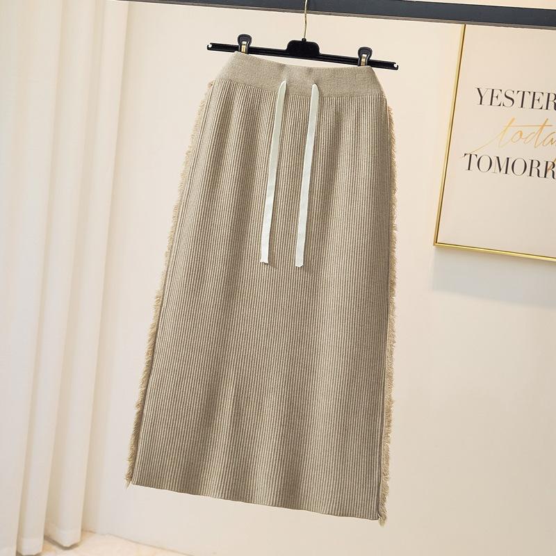 Autumn/Winter 2025 High-Waisted Drawstring Fringe Midi Knit Skirt for Women