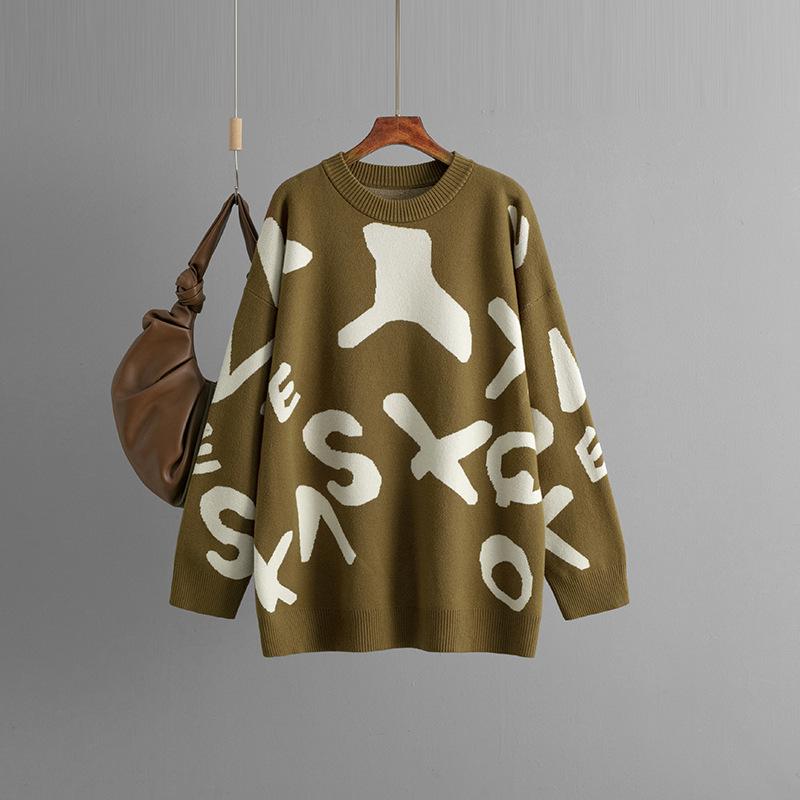 Autumn and Winter Knitted Sweater Women's Medium and Long Jacquard Loose Bottoming Shirt Top