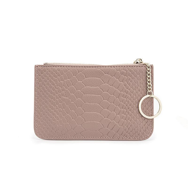 Women First Layer Cowhide Leather Short Coin Purse with Zipper and Ring Key - Mini Thin and Snake