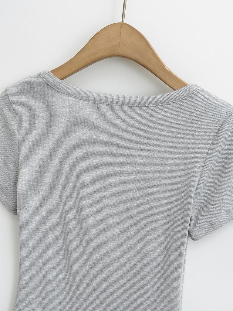 Summer 2025 European & American Style Ribbed Slim Fit U-Neck Short Sleeve Top