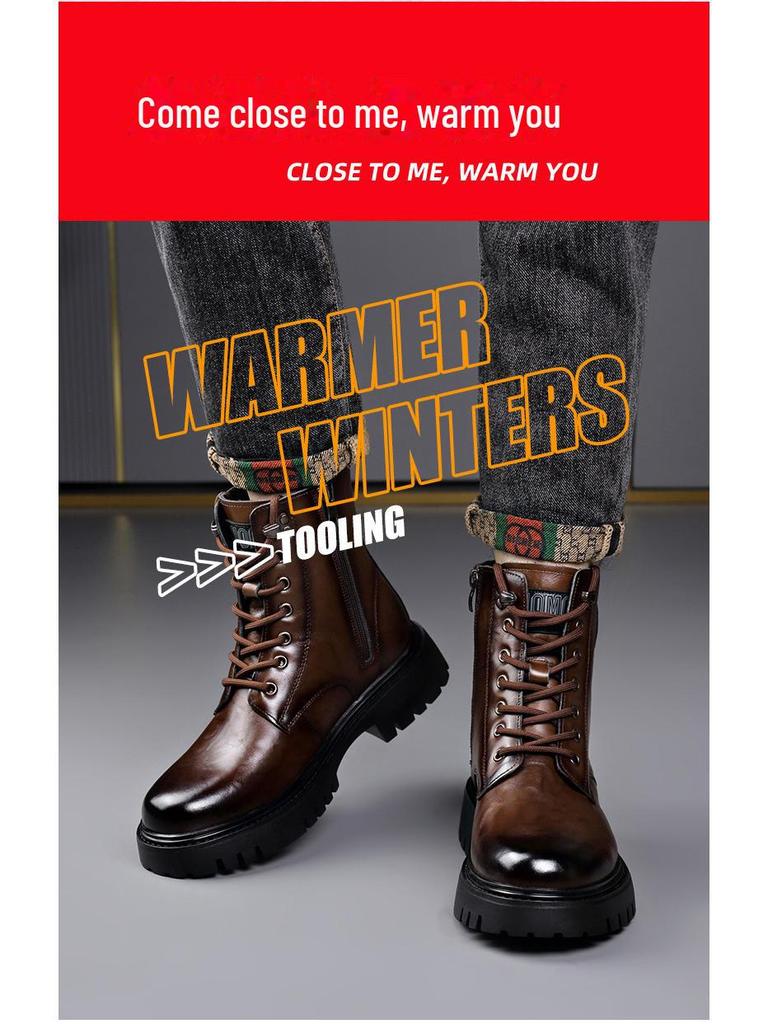 Men's Trendy Wool-Lined Cowhide High-Top Martin Boots with Side Zipper - Casual and Warm.