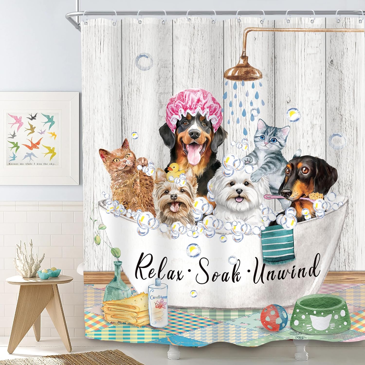 

Cute Cat And Dog Shower Curtain, Cartoon Corgi Pet Pattern Fabric Bath Decor With 12 Hooks For Kids Bathroom Bathtub, 1Pc W60H190(CM)-1 Pcs