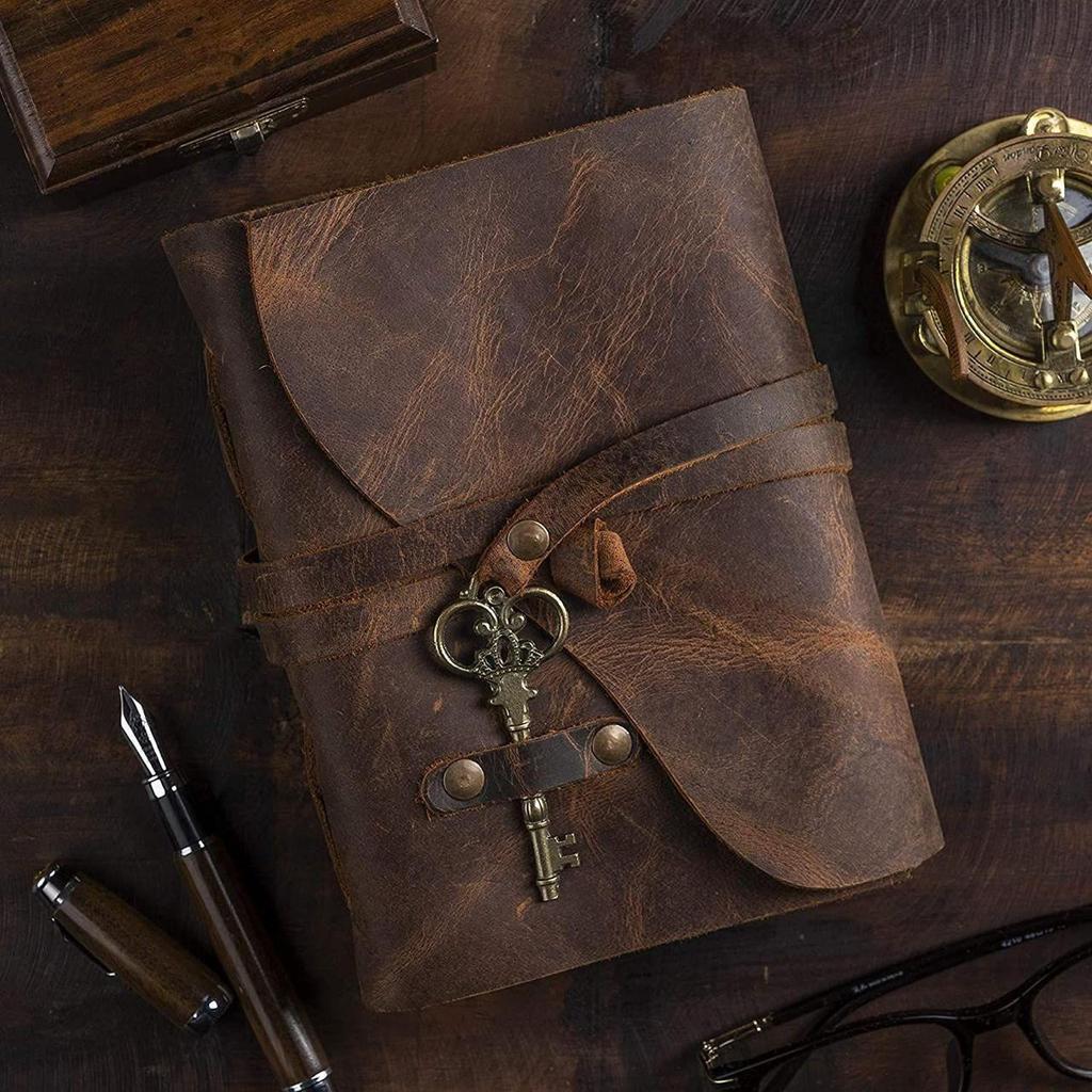 Leather Diary Writing Notebook - Unique Handmade Embossed Travel Diary with Deckle Edge Paper