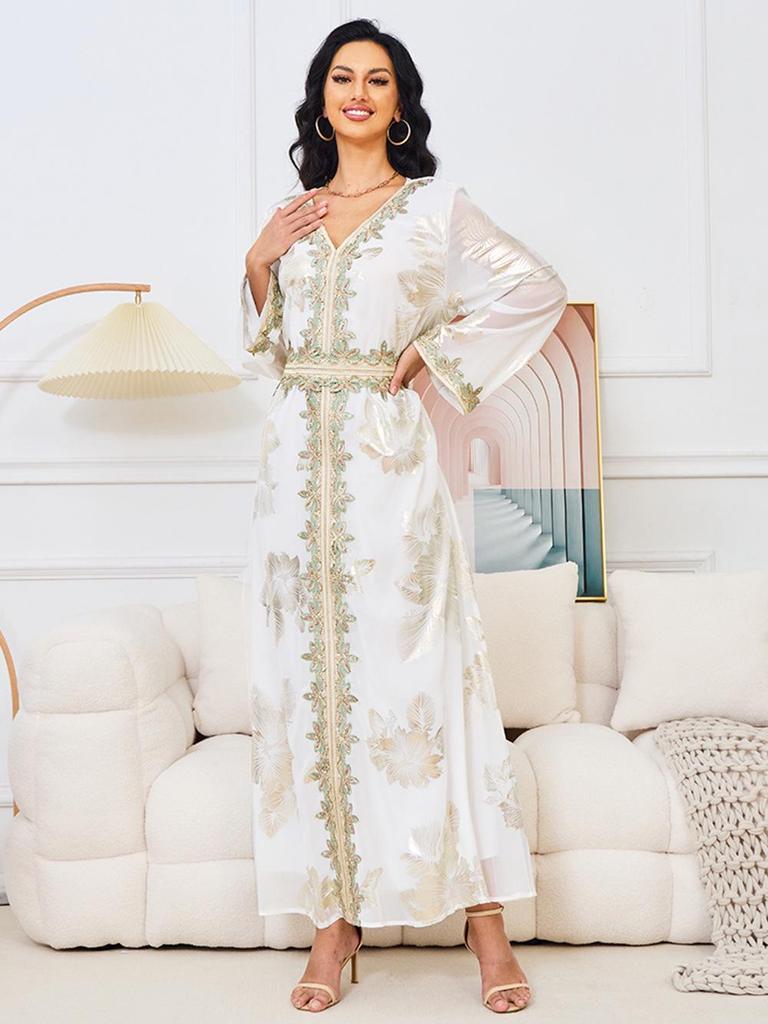 Women's Dubai Evening Long Dress with Hot Stamping - European & American Fashion Muslim Travel Wear