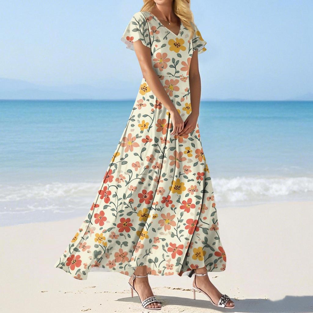 FashWomen's Loose Casual V-Neck Short Sleeved High Waisted Print Dress