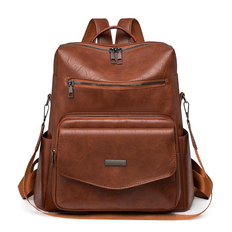 Retro Women s Backpack Large Capacity PU Backpack коричневый