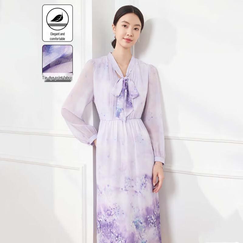 JESSIE Romantic Floral Print Long Sleeve Tie-Neck Dress L