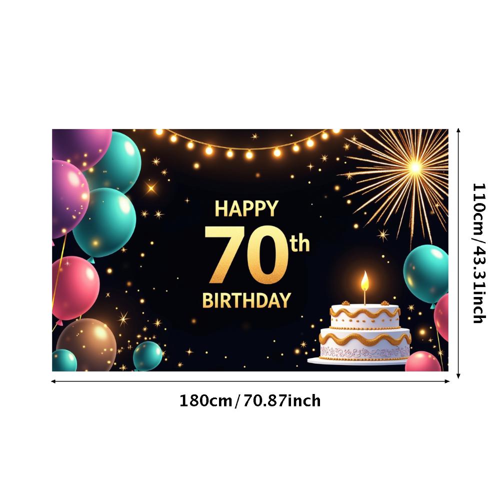 Happy 70th Birthday Banner Backdrop Black gold Birthday Party Decorations Photography Props Sparkle Balloon Background