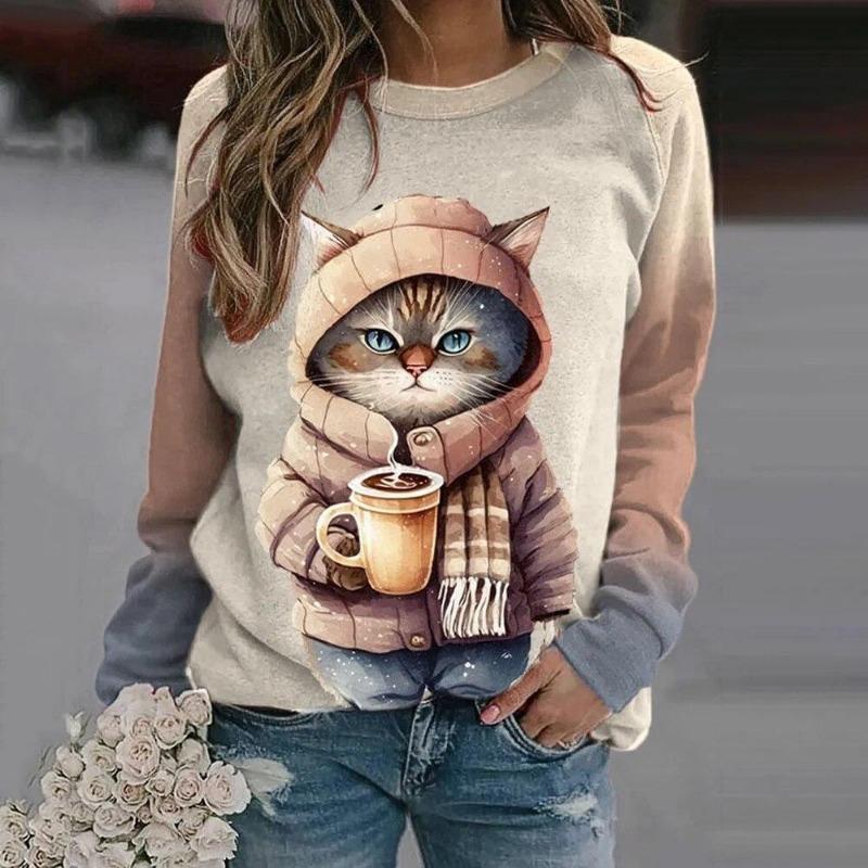 Mode Kawaii Katt Djur Tryck Långärmade T-shirts För Kvinnor Sweatshirts Dam Söt O-Hals Pullover Kvinna T-shirts Topp Kläder