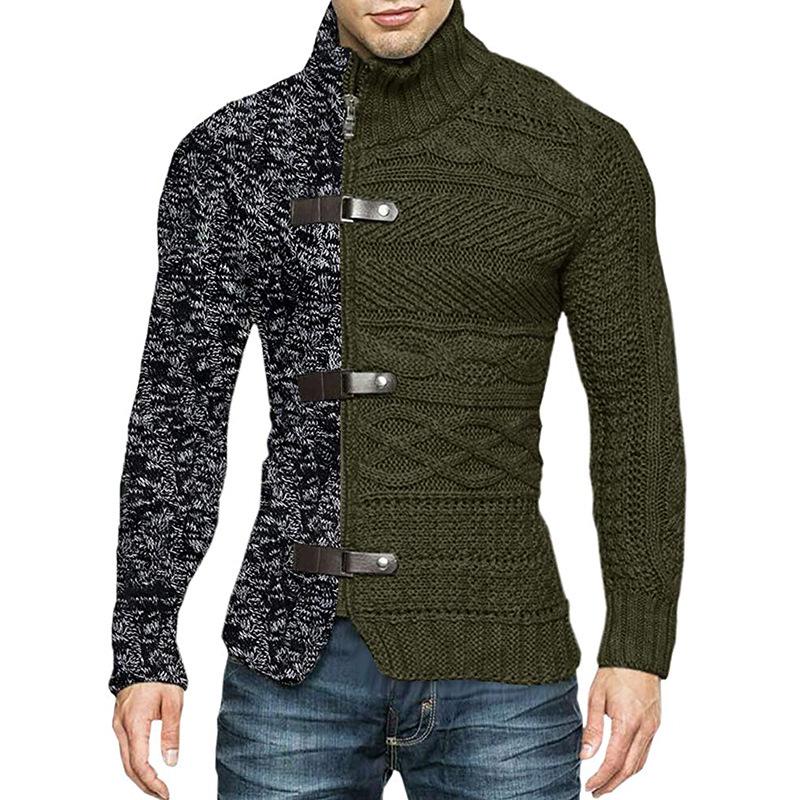 Men's Plus Size Color Block High Neck Cardigan with Leather Buckle - Long Sleeve Knit Sweater, Autumn/Winter Collection