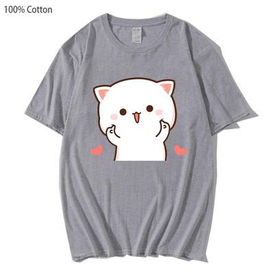 Süßes Pfirsich und Goma Mochi Katze T-Shirt Damen Cartoon Druck Shirts Weibliche Mädchen Kawaii Kleidung Lustige T-Shirts Baumwoll Tops
