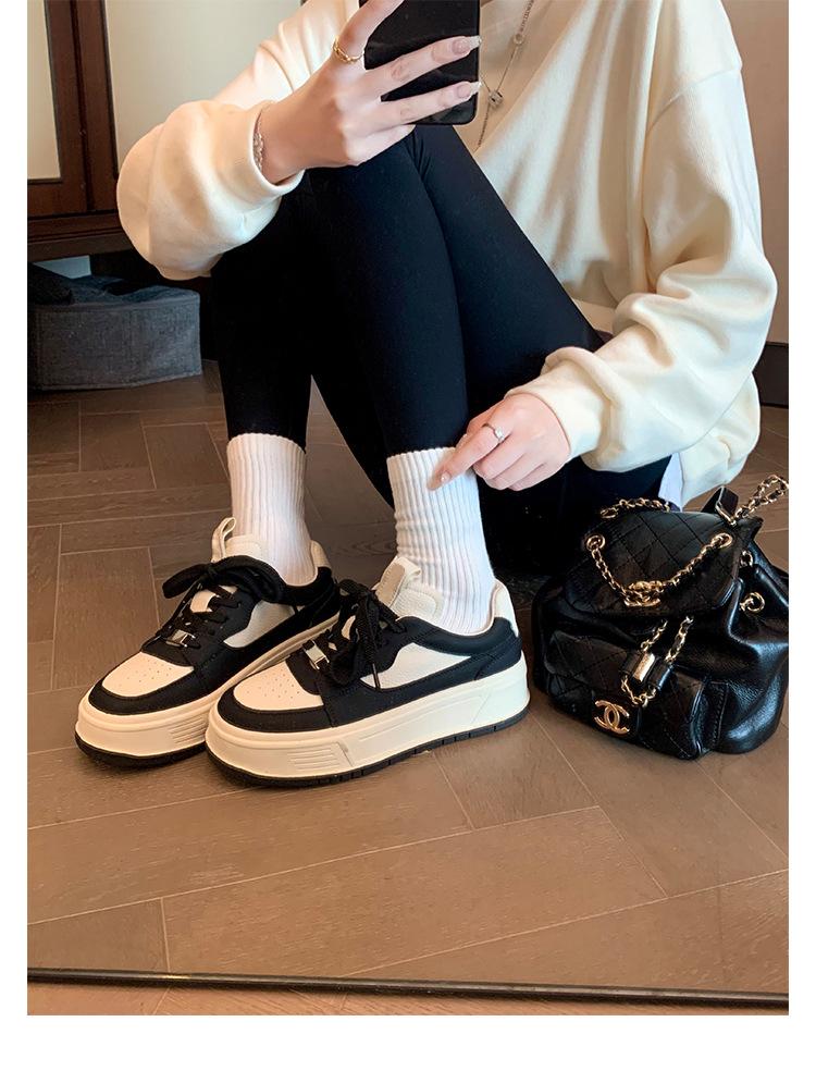 Cowhide~ Genuine Leather Little White Shoes Women's Round Head Color Matching Muffin Thick Sole Height Increase Casual Sports Shoes Versatile Lace-up