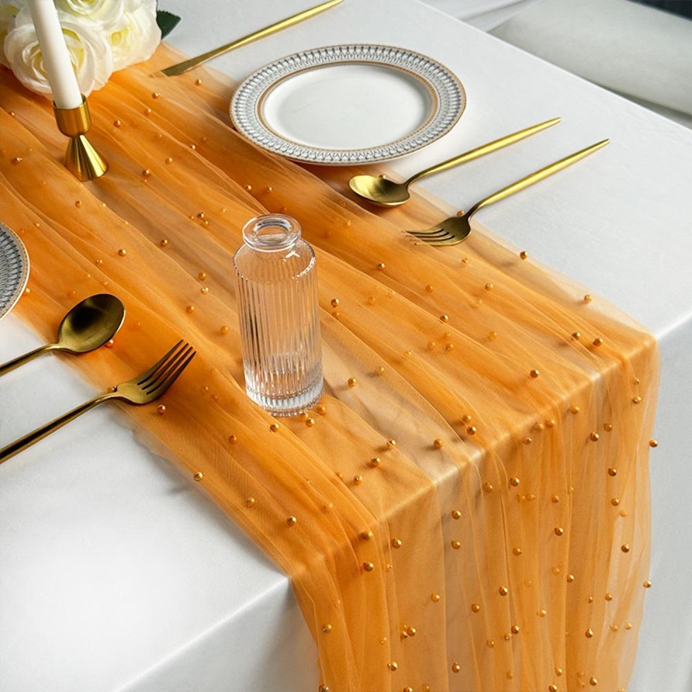 New 75x300CM Pearl Table Runner Tulle Bohemian Party Tablecloth Table Cloth Dessert Table Decor