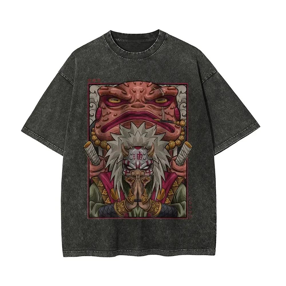 Jiraiya Sage Mode T-shirt Naruto Shippuden Tee Vintage Washed Oversized Retro Anime Harajuku Streetwear Manga Mens Graphic Top