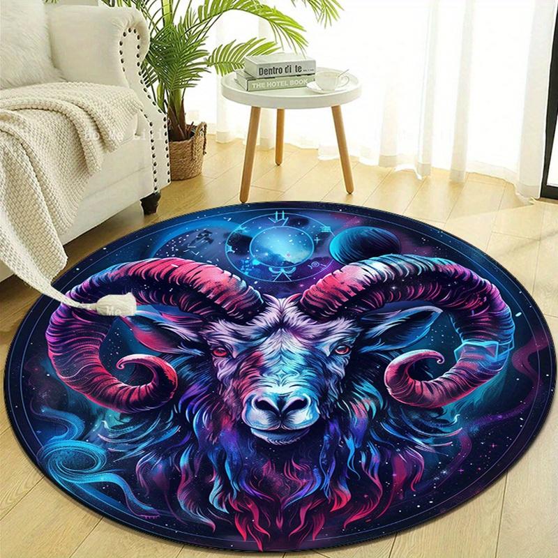Crystal Velvet Round Area Rug - Mysterious Constellation Goat Print Non-Slip Carpet for Bedroom, Living Room, Home Decor, 100% Polyester, Be