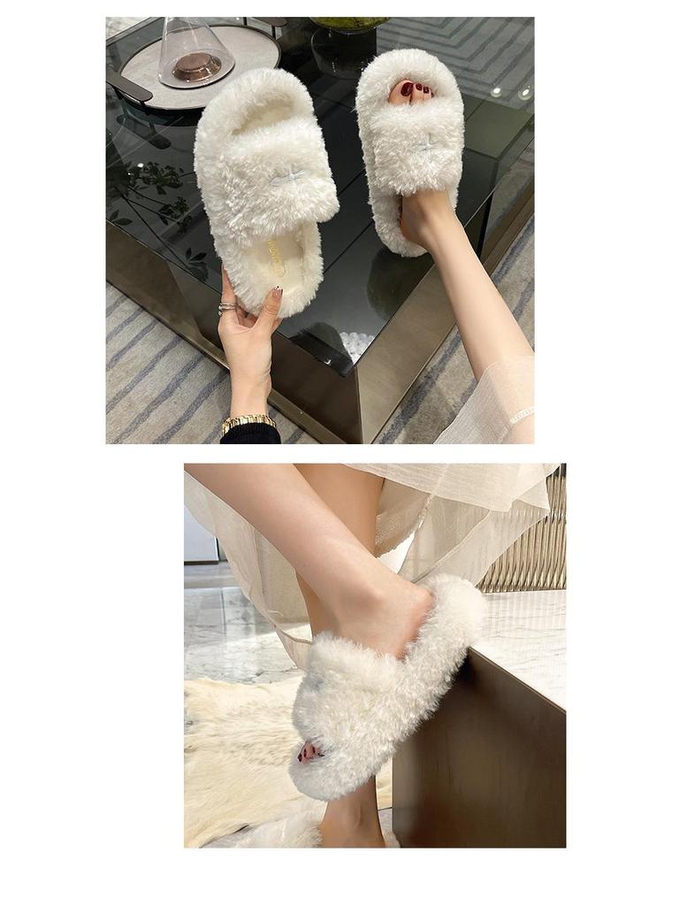 Damen 2024 Trendige Fuzzy Cross Hausschuhe - Dicke Sohle Lammwolle für Innen-/Außenbereich