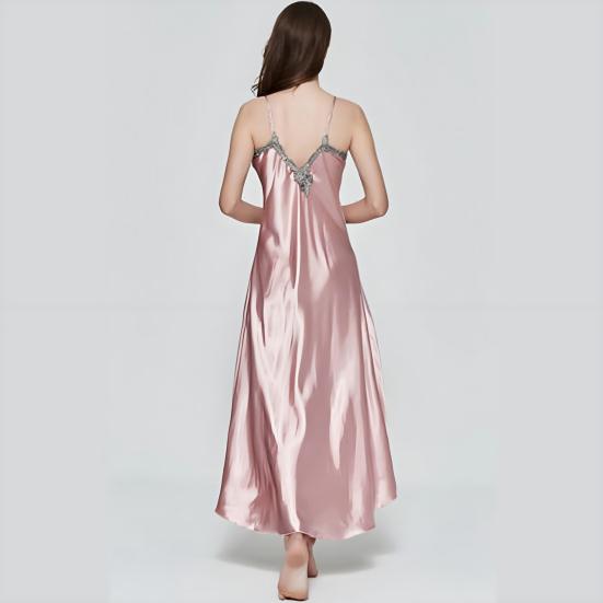 Women's Satin Lace Nightgown Spaghetti Strap Sleeveless Slip Dress Soft V Neck Maxi Sleepwear Silky Chemise Nightdress