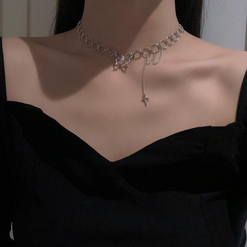 Charms cu ciucuri inimă colier choker femei de culoare argintie lanț pandantiv pe gât bijuterii