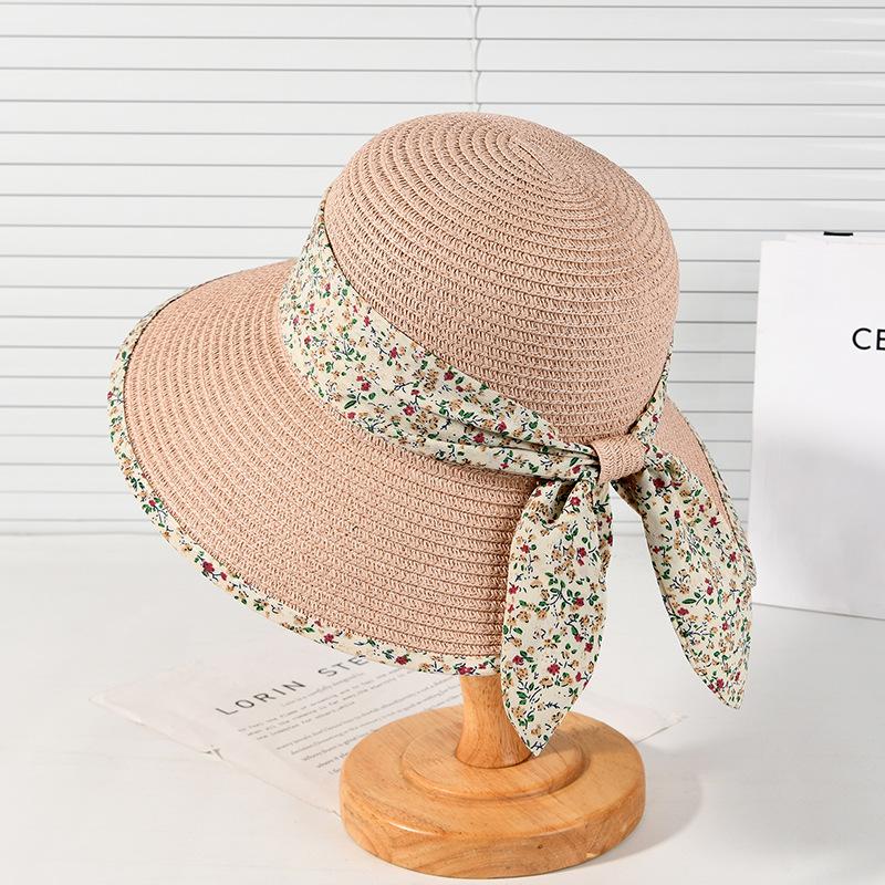 New straw hat women's summer floral bow sun hat versatile simple holiday wind beach hat