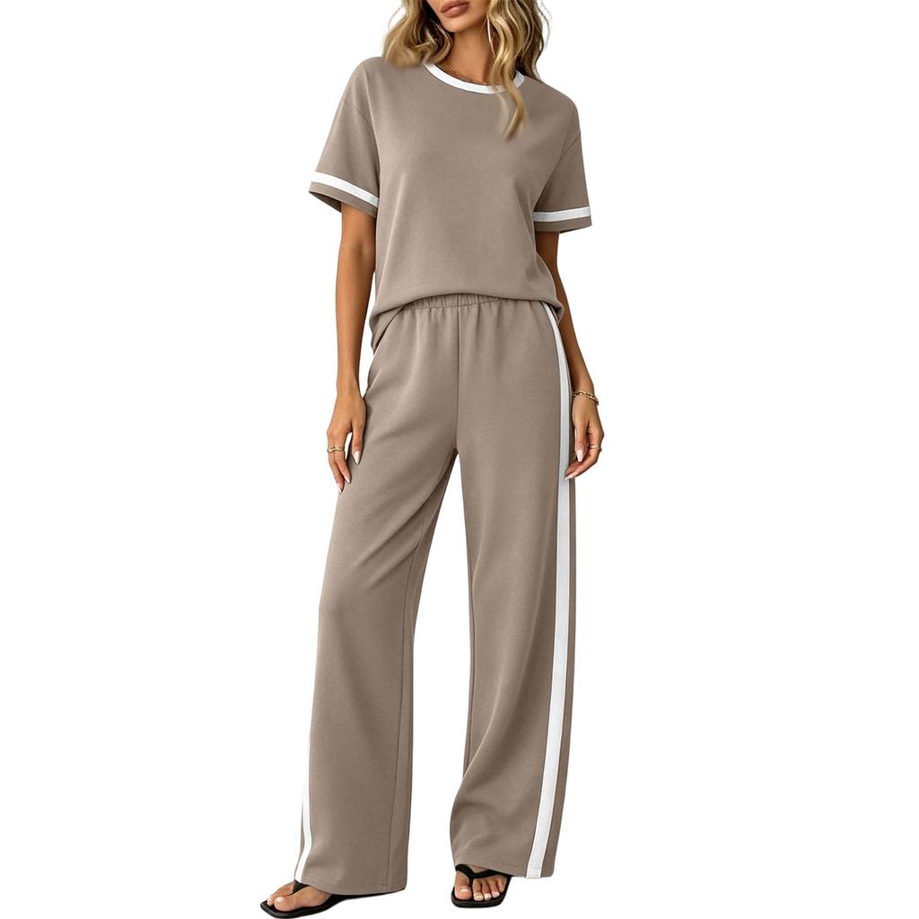 Conjunto de Dos Piezas para Mujer Informal para Estar en Casa Top de Manga Corta y Pantalones de Pierna Ancha Tejido Suave Ajuste Cómodo Estilo Relajado